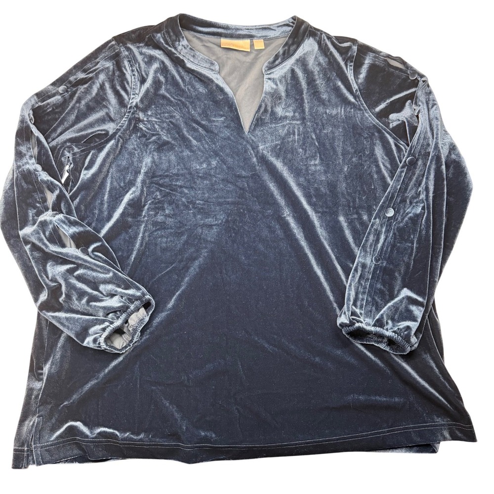 Belle Kim Gravell Blue Velvet Split V-Neck Long Sleeve Top Women XL Whimsigoth - Picture 2 of 11